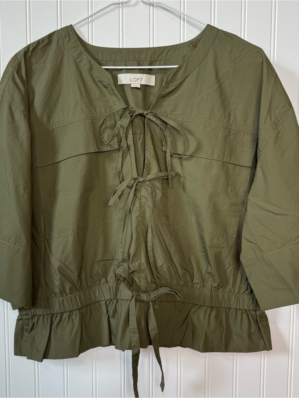 LOFT Olive Tie Front Peplum Blouse Size L Cotton Cinched Waist Top